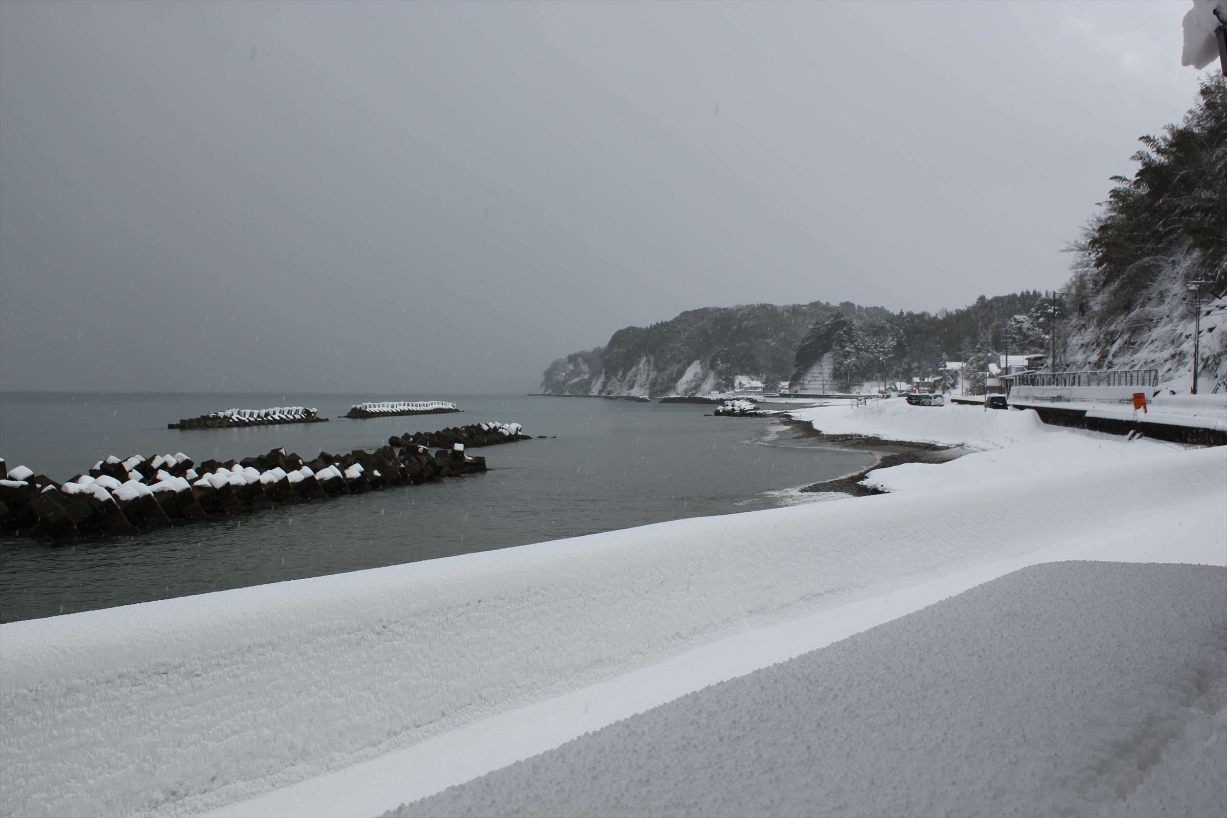 雪が積もった浜辺と海岸線、冬の富山湾