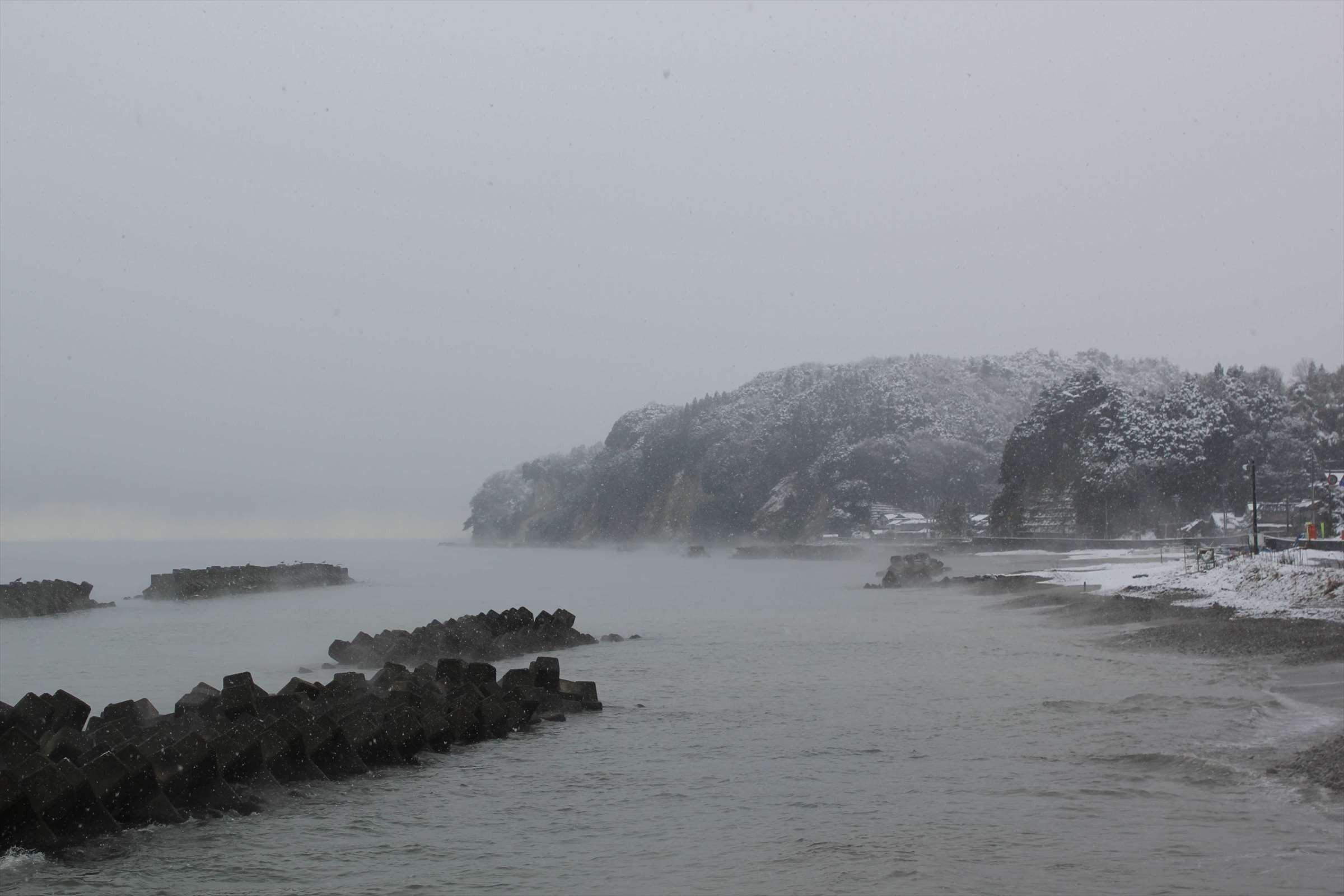 雪と霧に包まれた冬の富山湾の海岸