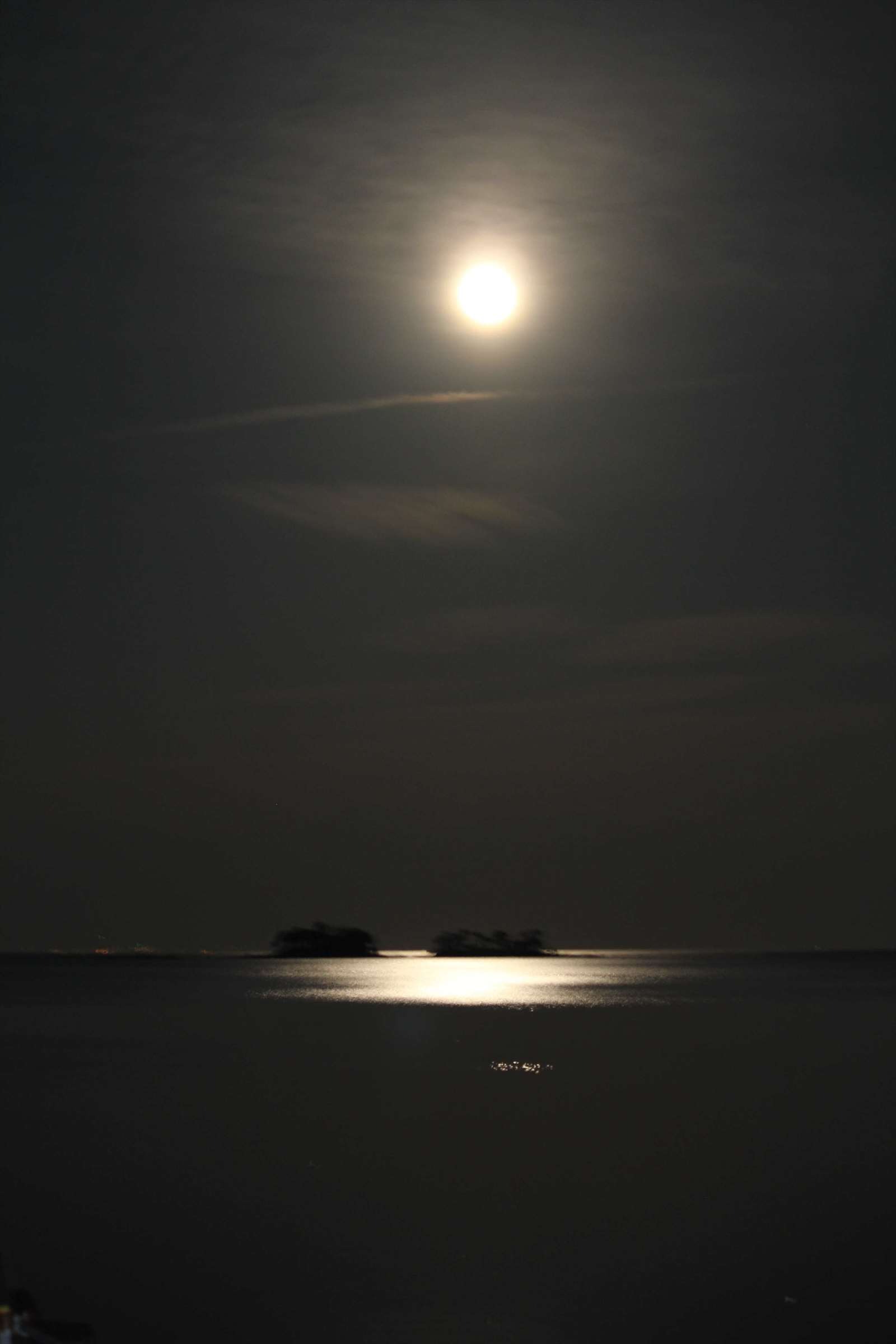 満月の夜、海に映る月明かりと小島のシルエット